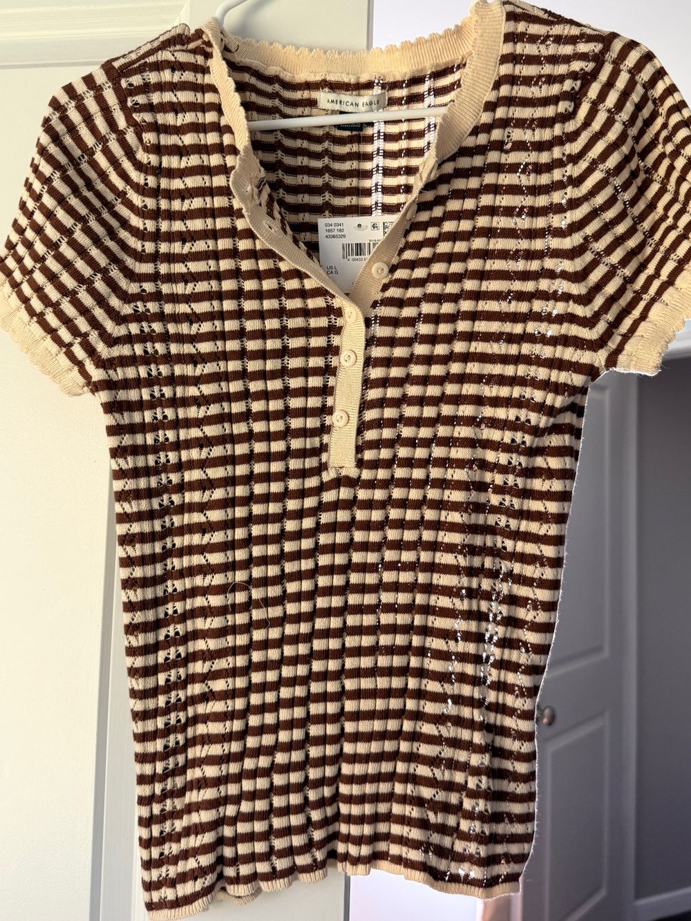 American Eagle Outfitters Brown & Cream Striped knit henley tee